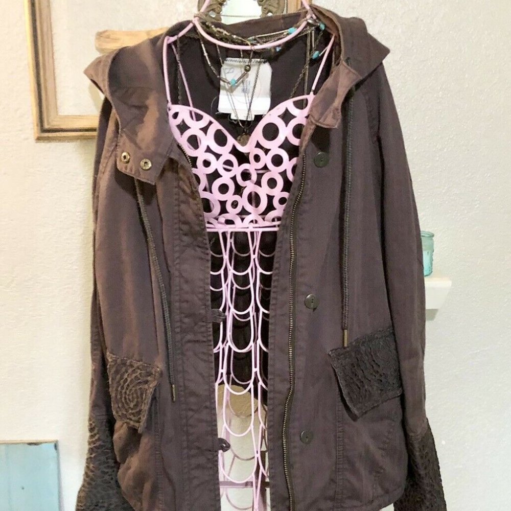 anthropologie hooded  utility jacket lace trimmed nwot size M